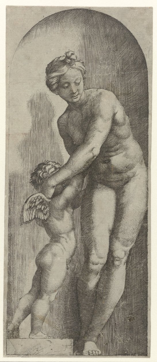 Wenus i Amor stoją w niszy autorstwa Marcantonio Raimondi