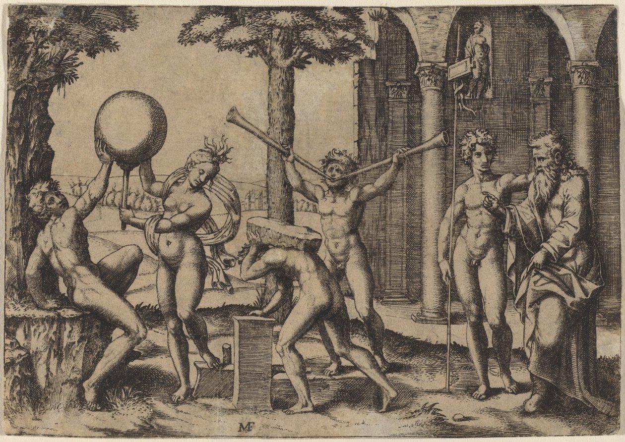 Człowiek z dwiema trąbkami autorstwa Marcantonio Raimondi after Baccio Bandinelli