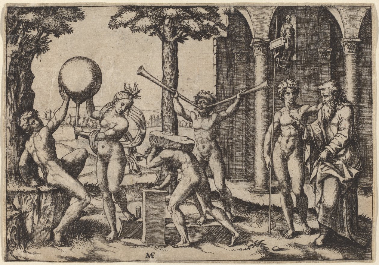 Człowiek z dwiema trąbkami autorstwa Marcantonio Raimondi after Baccio Bandinelli