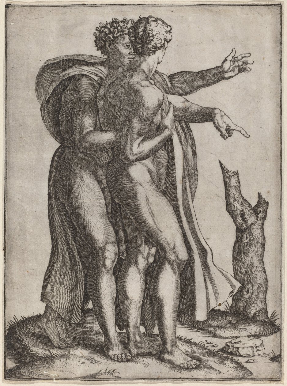 Dwóch nagich mężczyzn autorstwa Marcantonio Raimondi after Michelangelo