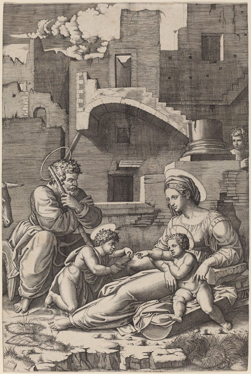 Święta Rodzina z Młodym Św. Janem Chrzcicielem (Madonna Długiego Uda) autorstwa Marcantonio Raimondi after Raphael