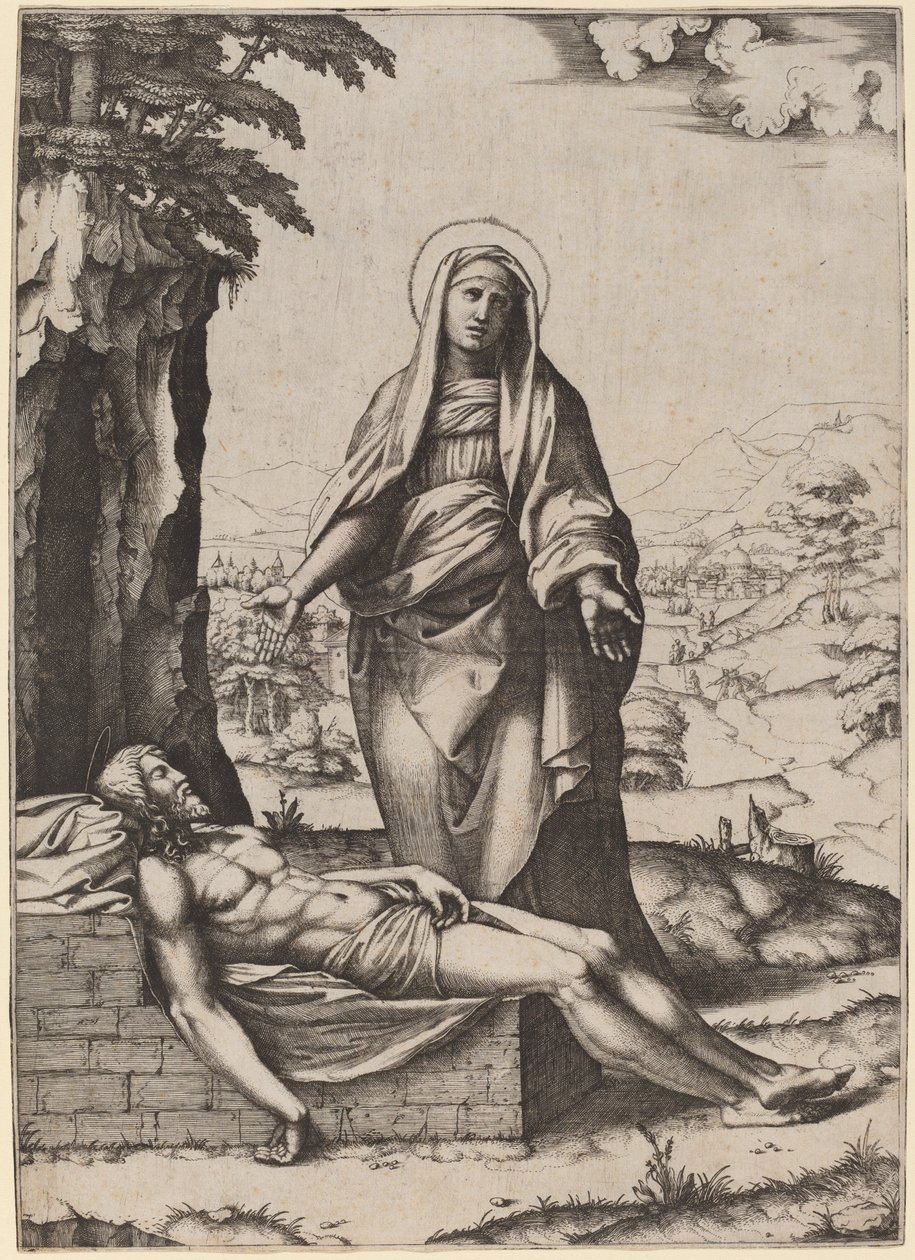 Opłakiwanie Dziewicy autorstwa Marcantonio Raimondi after Raphael