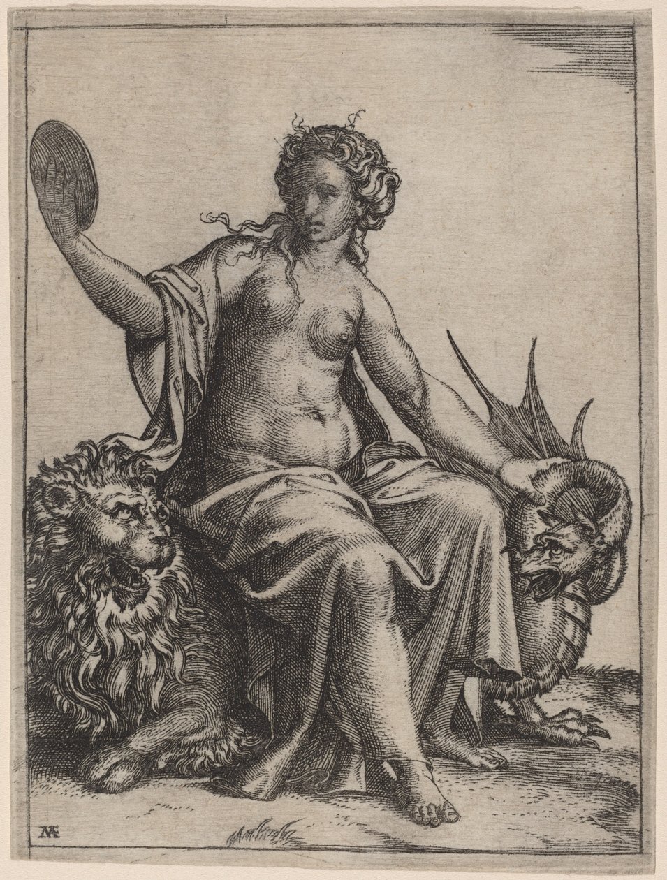 Roztropność autorstwa Marcantonio Raimondi possibly after Raphael