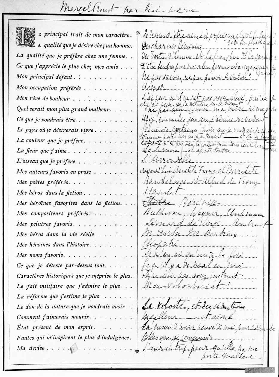 Kwestionariusz wypełniony przez Marcela Prousta, 1890 (pióro, tusz i zadrukowany papier) autorstwa Marcel Proust