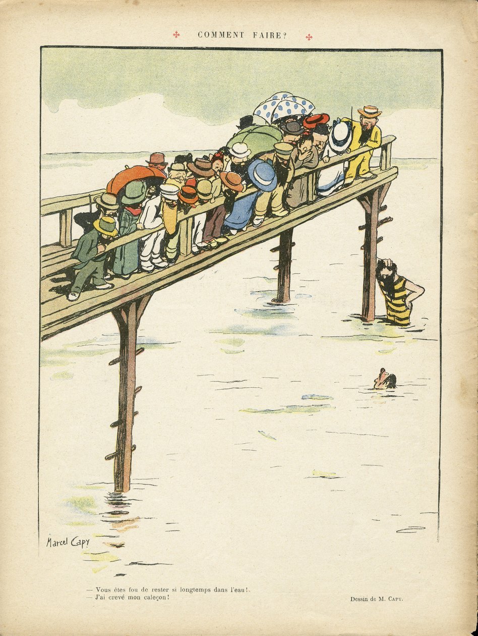 Ilustracja Marcela Capy (1865-1941) w Le Lire, 24.08.12 - Jak to zrobić? - Wypoczynek, Architektura Urbanistyka, Morskie Wybrzeże, Pływanie Pływanie, Tłumy autorstwa Marcel Amable O.L. Capy