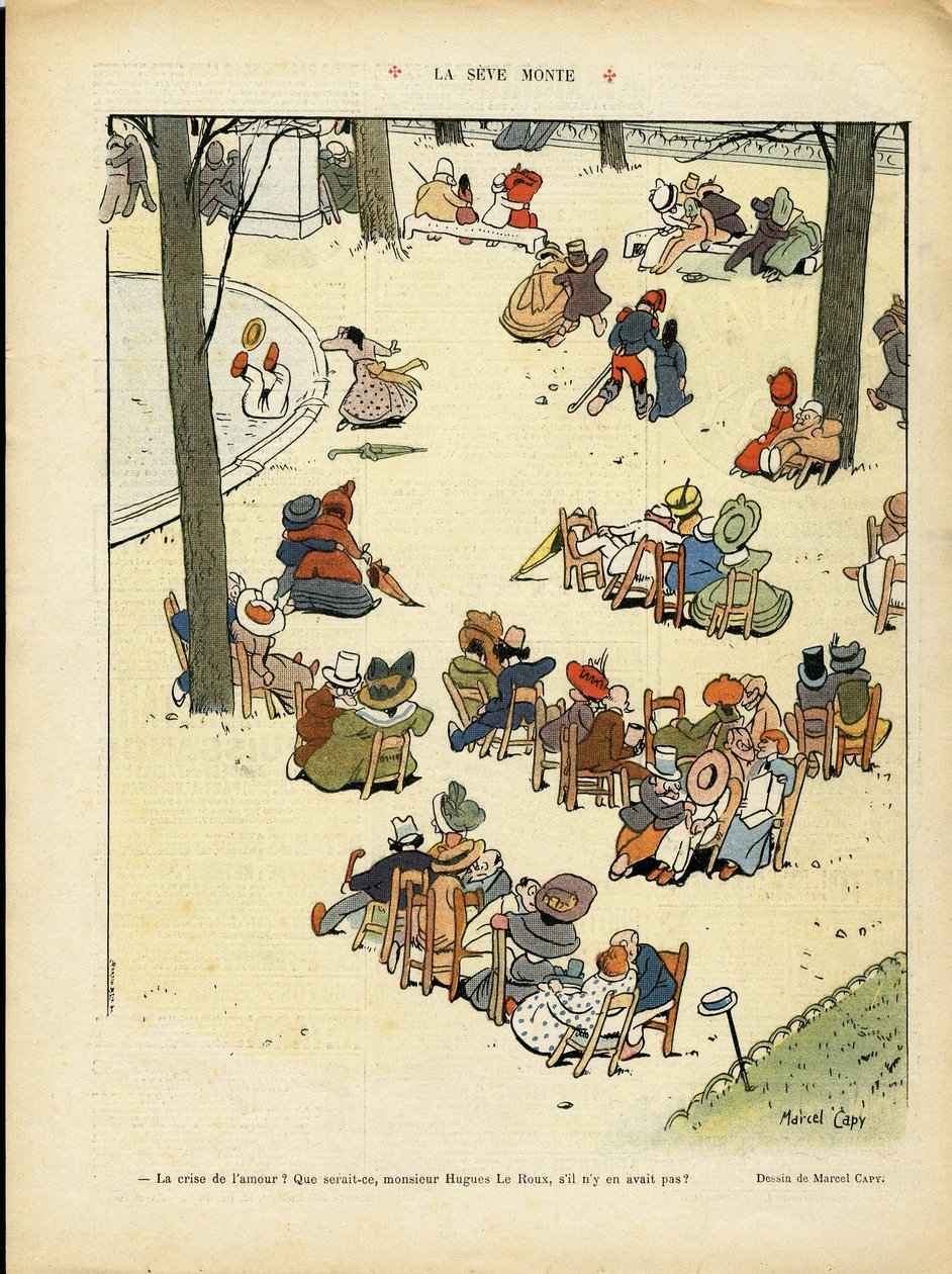 Ilustracja Marcela Capy (1865-1941) w Le Rire, 02/05/08 - La seve monte - Miłość, ogród publiczny, drzewo autorstwa Marcel Amable O.L. Capy
