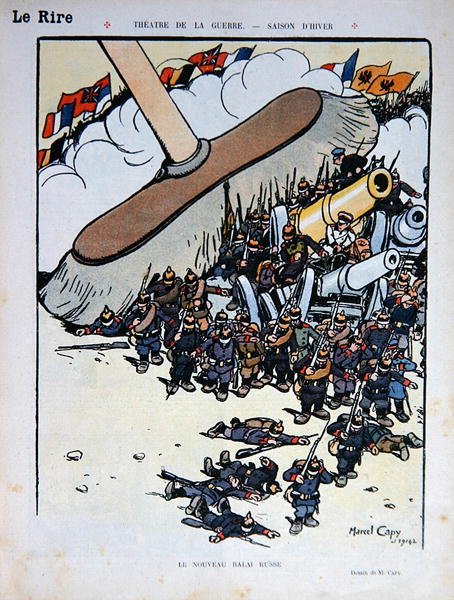 „Nowa rosyjska miotła”, rysunek z magazynu „Le Rire” z 5 grudnia 1914 r. (kolor lito) autorstwa Marcel Amable O.L. Capy