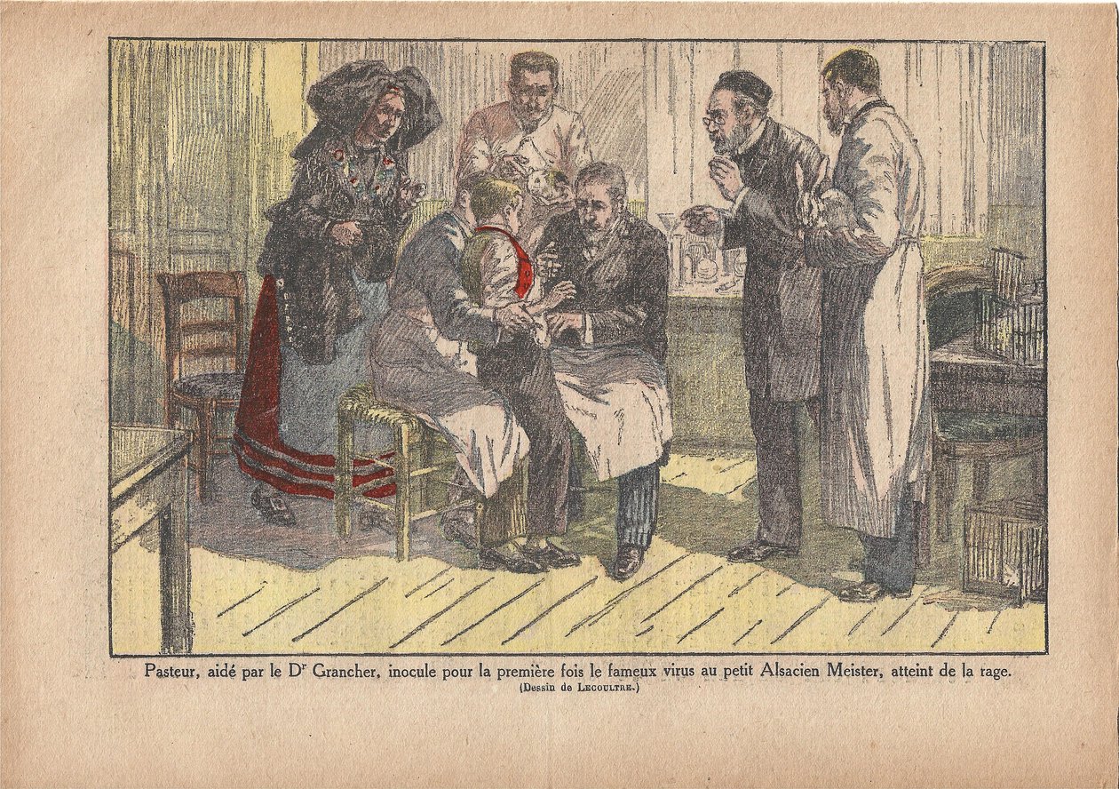 Pasteur, wspomagany przez dr Granchera, po raz pierwszy zaszczepił słynnym wirusem małego alzackiego mistrza, zarażonego wścieklizną., Le Pèlerin, 5/11/1922 (druk) autorstwa Marcel Lecoultre