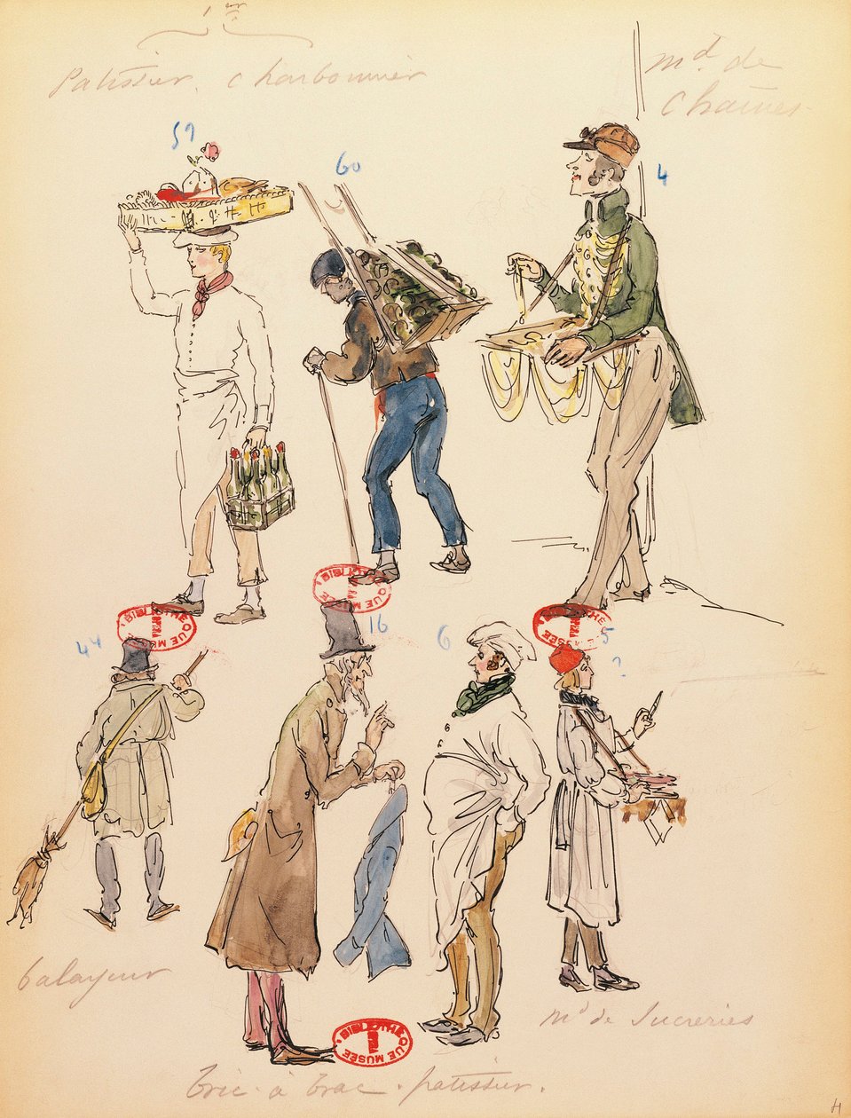 Francja, Paryż, szkic kostiumu dla statystów w operze Cyganeria Giacomo Pucciniego (1858-1924), występ w Paris Opera Comique, 13 czerwca autorstwa Marcel Multzer