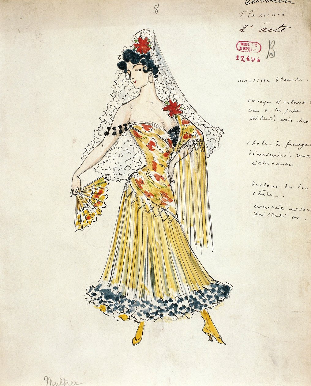 Francja, Paryż, Szkic kostiumu dla tancerek flamenco dla Carmen autorstwa Georgesa Bizeta autorstwa Marcel Multzer
