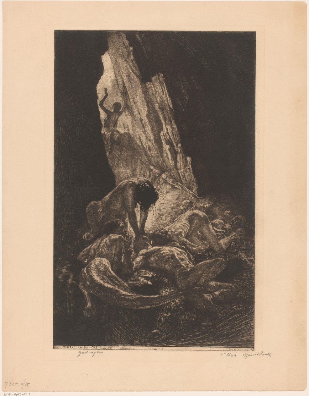 Wnętrze ciemnej jaskini ze stworzeniami pożerającymi nagiego mężczyznę Małpy Guet (tytuł na obiekcie) autorstwa Marcel Roux (signed by artist)