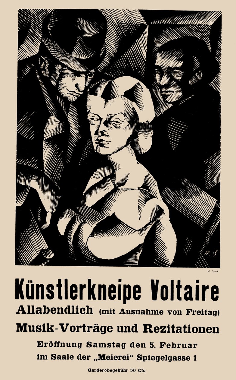 Plakat otwarcia kabaretu Voltaire 05.02.1916 - Marcel Słodki (1892-1944). Litografia autorstwa Marcel Slodki