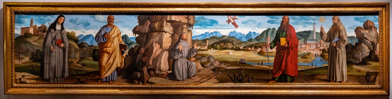Św. Franciszek otrzymuje stygmaty wśród św. Klary i Piotra, błogosławionego Bartłomieja z Breganze oraz św. Pawła i Bernardyna autorstwa Marcello Fogolino