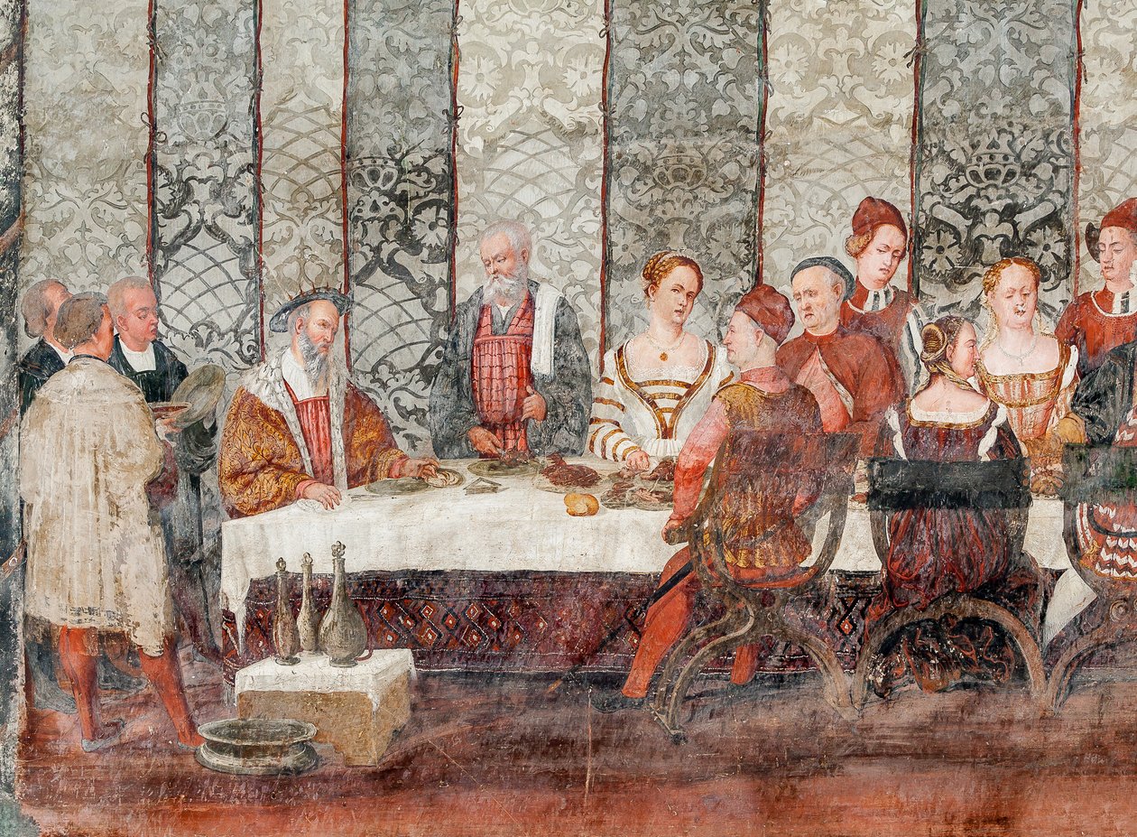Bankiet, fragment wizyty Christiana I z Danii u Bartolomeo Colleoniego, Hall of Honor autorstwa Marcello or Romani Girolamo (Romanino) (c.1485 c.1566) (attr.to) Fogolino