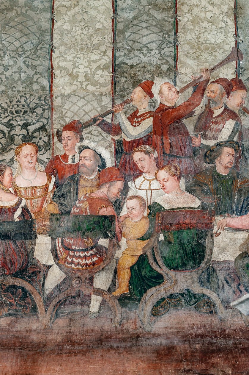 Bankiet, fragment wizyty Christiana I z Danii u Bartolomeo Colleoniego, Hall of Honor autorstwa Marcello or Romani Girolamo (Romanino) (c.1485 c.1566) (attr.to) Fogolino