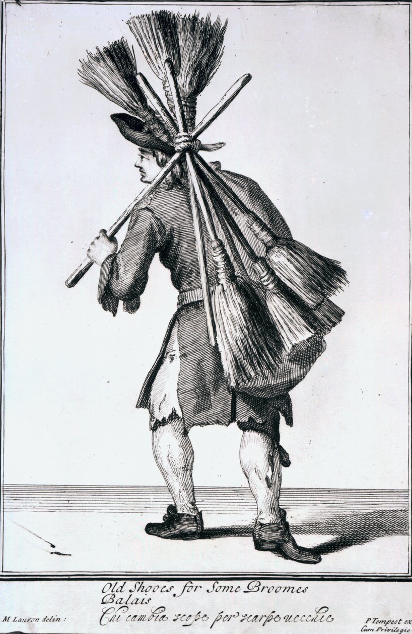 Stare buty do niektórych mioteł, z „Cryes of the City of London”, c.1688 autorstwa Marcellus the Elder Laroon