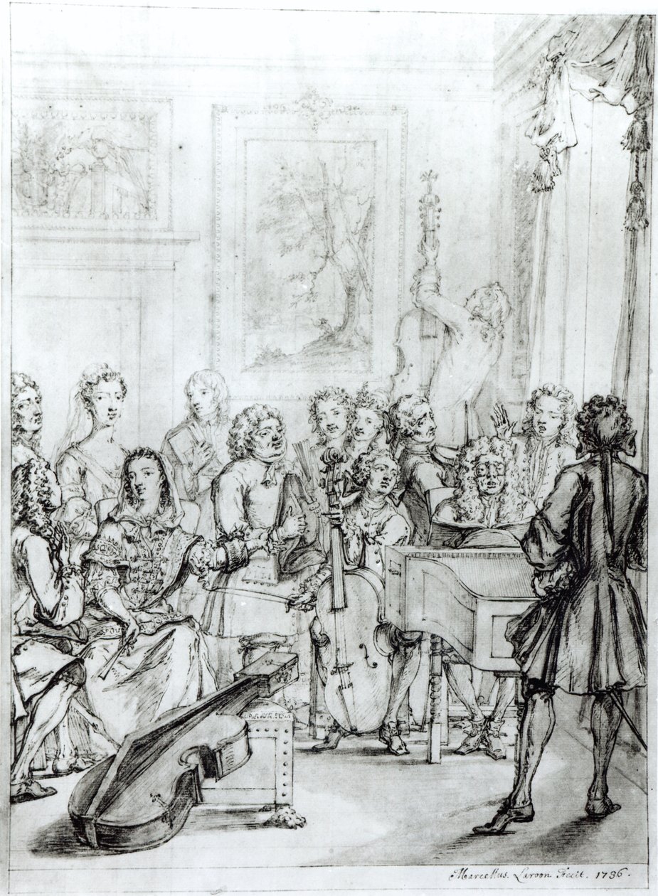 Koncert w Montague House, 1736 (pióro i tusz na ołówku na papierze) autorstwa Marcellus the Younger Laroon
