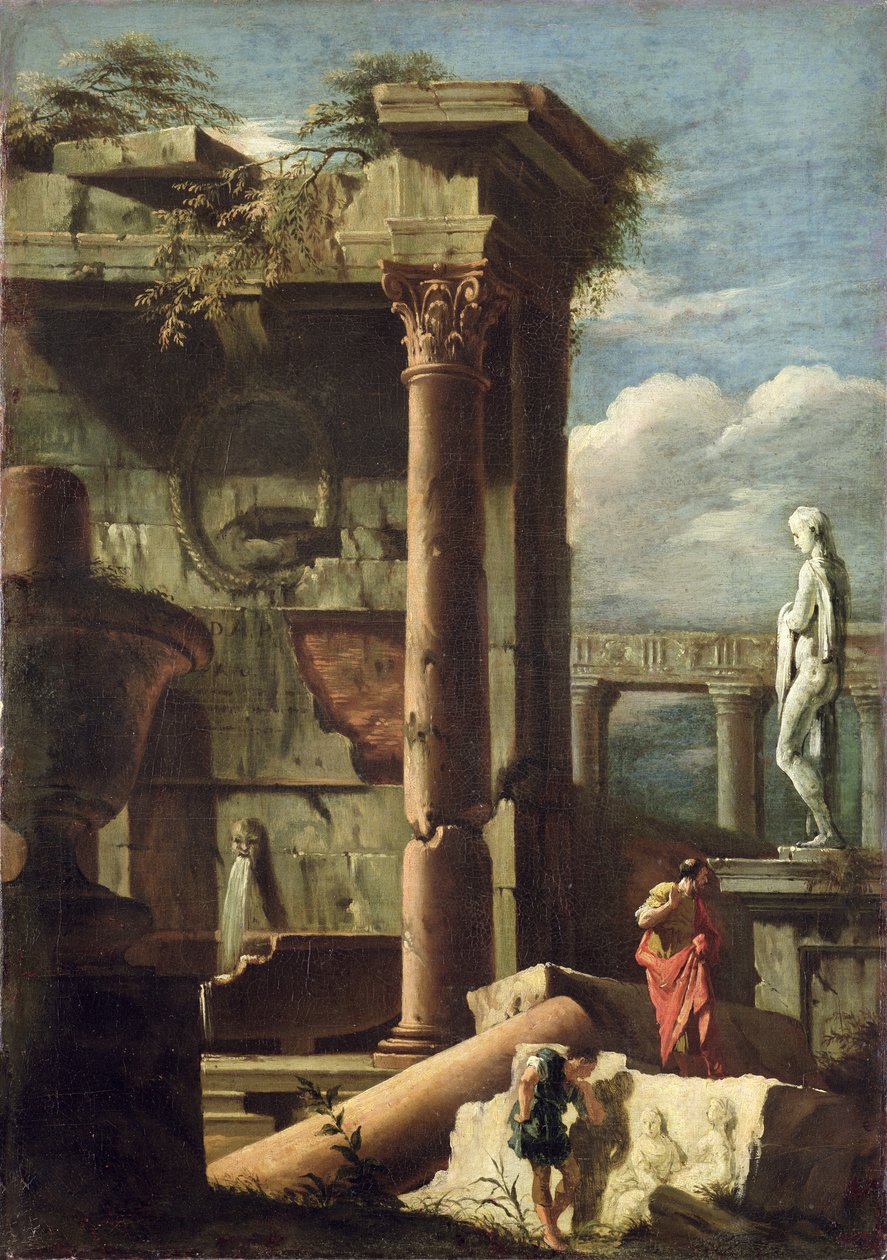 Starożytny budynek z posągiem i figurami dekoracyjnymi, 1720-25 autorstwa Marco Ricci