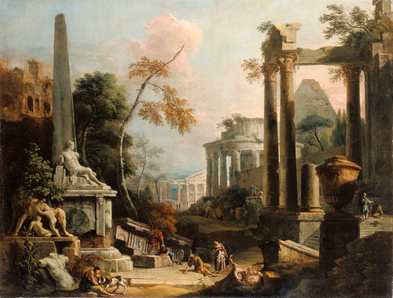 Krajobraz z klasycznymi ruinami i figurami, ok. 1725-30 autorstwa Marco Ricci