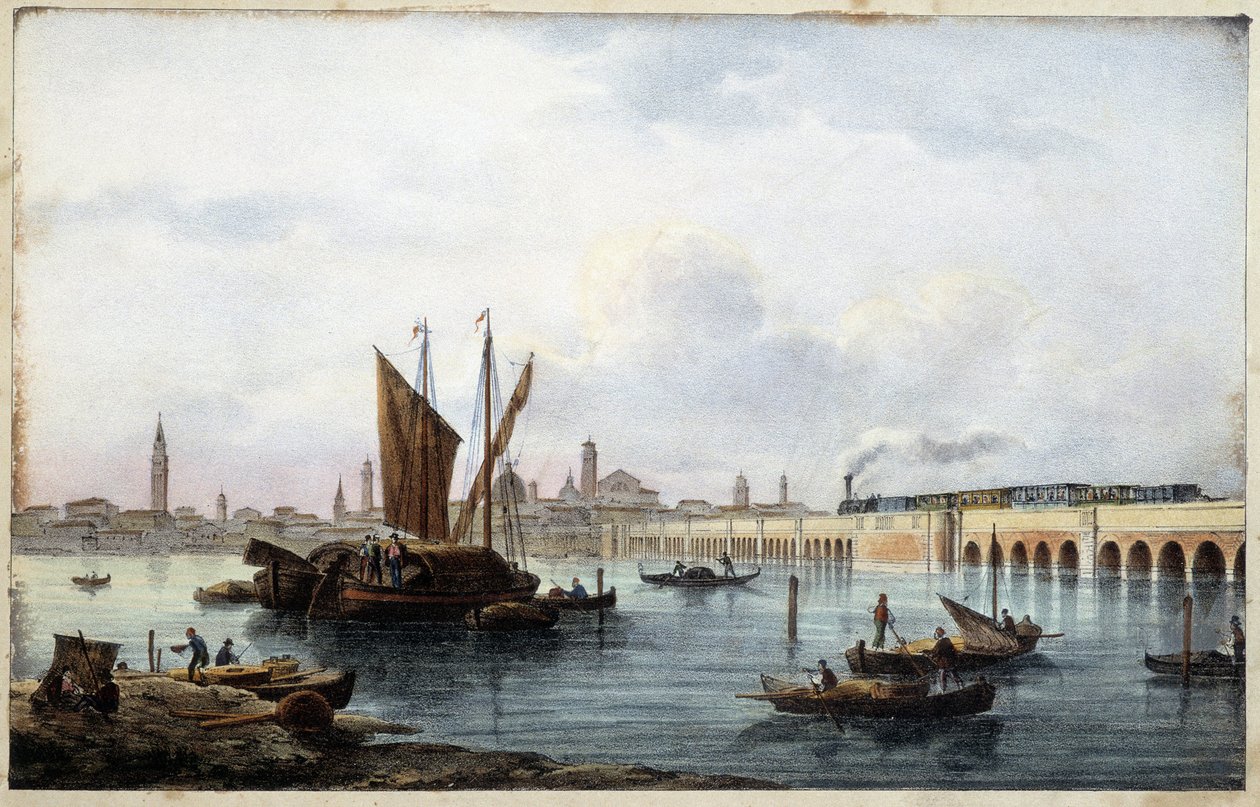 Most nad laguną w „Albumie głównych widoków Wenecji” rysuje Marco Moro ed. Gio Brize-Ghel b.d. 1840. Ok. autorstwa Marco (after) Moro
