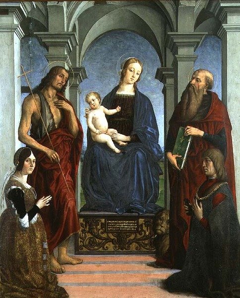 Madonna z Dzieciątkiem ze św. Hieronima i św. Janem Chrzcicielem i Darczyńcami (panel) autorstwa Marco (attr. to) Meloni