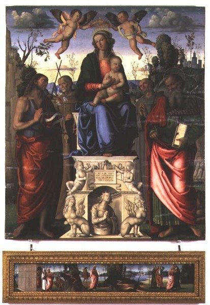 Madonna z Dzieciątkiem ze św. Janem Chrzcicielem, św. Bernardynem ze Sieny i św. Hieronima (panel) autorstwa Marco (attr. to) Meloni