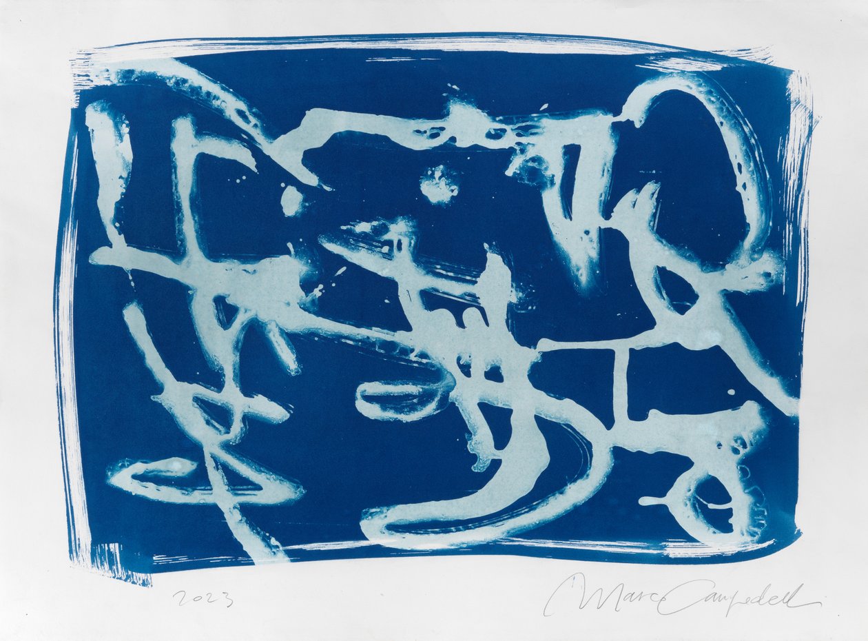 Asemic Writing, 2023 (cyjanotypia na papierze) autorstwa Marco Campedelli