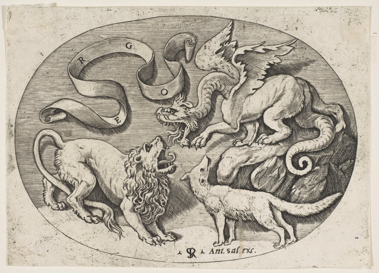 Walczący ze sobą lew, smok i lis, powyżej wpisana banderola, owalny k..., ca. 1515-27. autorstwa Marco Dente