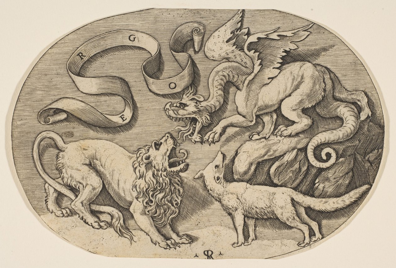 Walczący ze sobą lew, smok i lis, powyżej wpisana banderola, owalny k..., ca. 1515-27. autorstwa Marco Dente