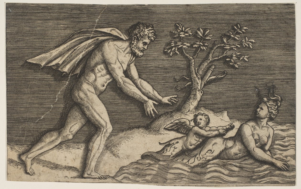 Nagi mężczyzna ściskający najady i kupidyna do wody, ok. godz. 1515-27. autorstwa Marco Dente