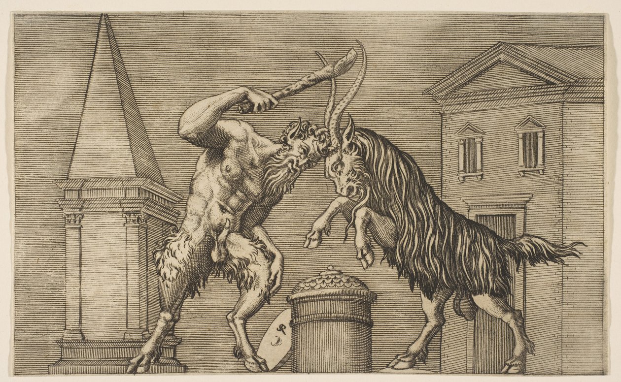 Atakujący się satyr i baran, satyr dzierżący maczugę prawym ha..., ok. godz. 1515-27. autorstwa Marco Dente