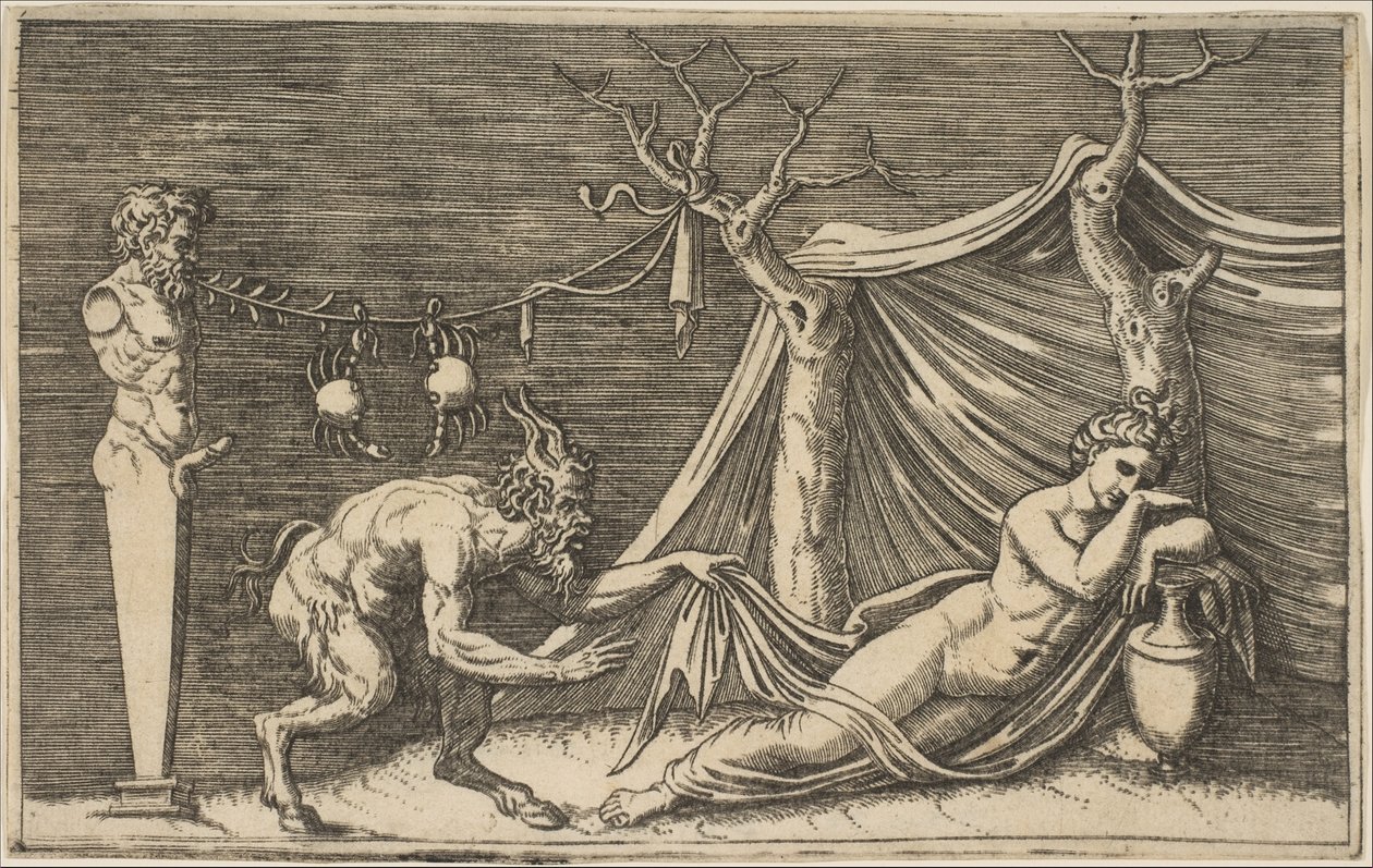 Satyr odkrywa śpiącą kobietę, dwa kraby zwisające z liny, która jest nawleczona..., ca. 1515-27. autorstwa Marco Dente