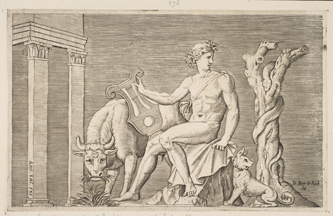 Apollo pasący stada Admetusa, Apollo siedział trzymając lirę i otoczony przez..., ca. 1515-27. autorstwa Marco Dente