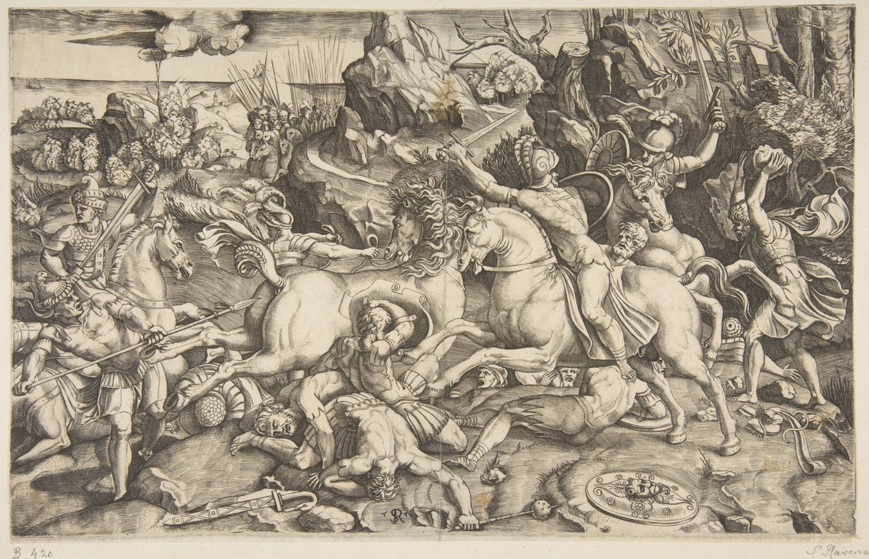 Scena bitwy w krajobrazie z żołnierzami na koniach i kilkoma poległymi mężczyznami, kolejna..., ca. 1520. autorstwa Marco Dente