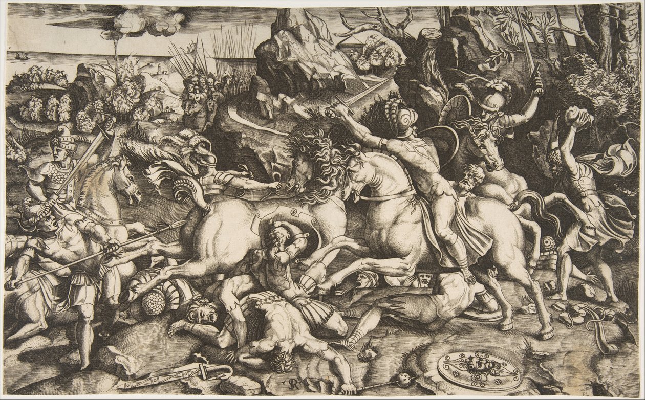 Scena bitwy w krajobrazie z żołnierzami na koniach i kilkoma poległymi mężczyznami, kolejna..., ca. 1520. autorstwa Marco Dente