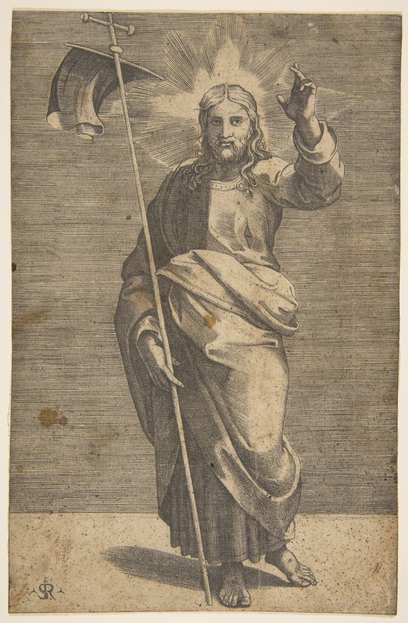 Chrystus stojący twarzą do przodu, trzymający krzyż ze sztandarem i unoszący lewą…, ok. godz. 1515-27. autorstwa Marco Dente