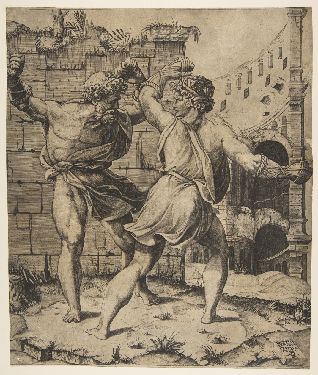 Entellus i Dares walczą przed klasycznymi ruinami, 1520-25. autorstwa Marco Dente