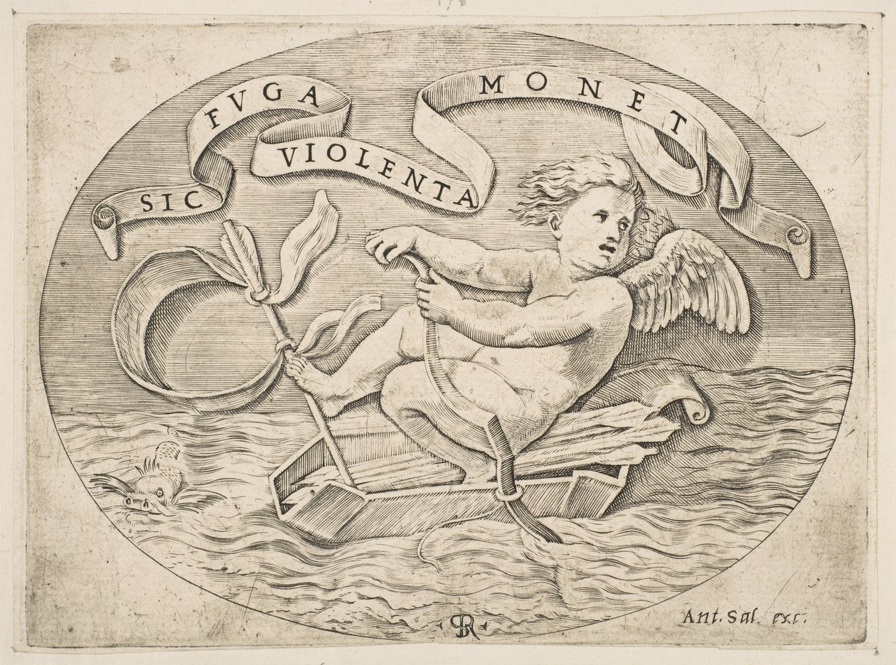 Eros Uciekający przez morze, Kupidyn używający swojego łuku do napędzania łodzi zrobionej z jego kołczanu dowcipu..., ok. godz. 1515-27. autorstwa Marco Dente