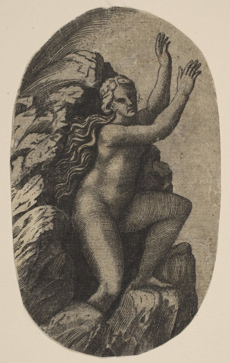 Eurydice naga, stojąca na skale, z ramionami uniesionymi w prawo, ca. 1515-27. autorstwa Marco Dente