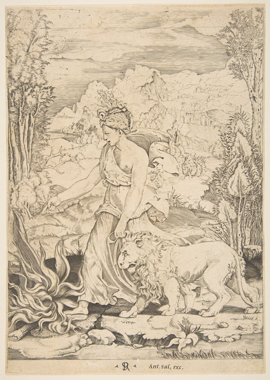 Męstwo w widoku z profilu idąc w kierunku ognia po lewej stronie i prowadząc zaprzężoną lw..., ca. 1515-27. autorstwa Marco Dente