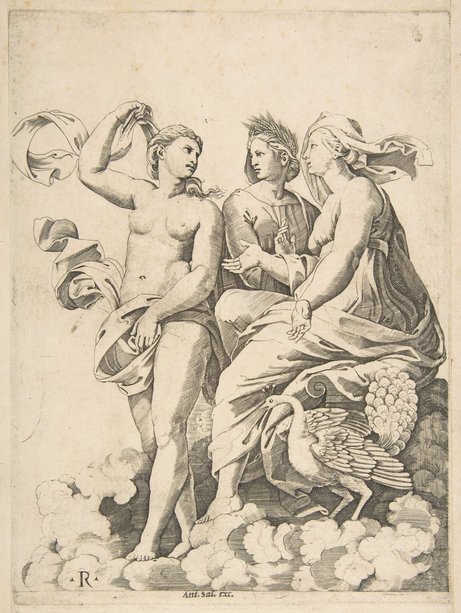 Juno, Ceres i Psyche rozmawiają w chmurach, Juno siedząca z pawiem przy niej..., ca. 1515-27. autorstwa Marco Dente