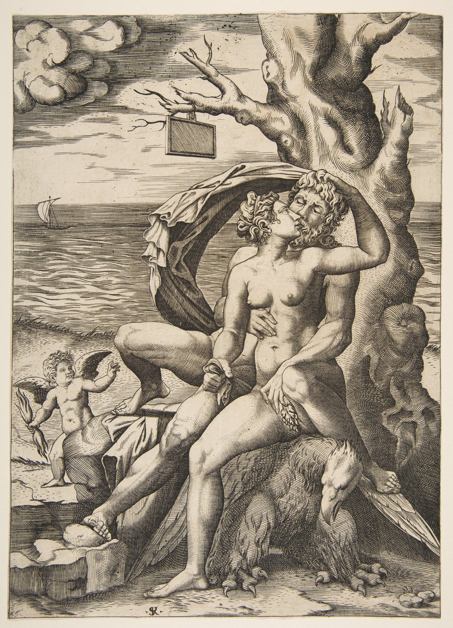 Obejmują się Jowisz i Semele, pod nimi orzeł, drzewo po prawej z pustym t..., ca. 1515-27. autorstwa Marco Dente