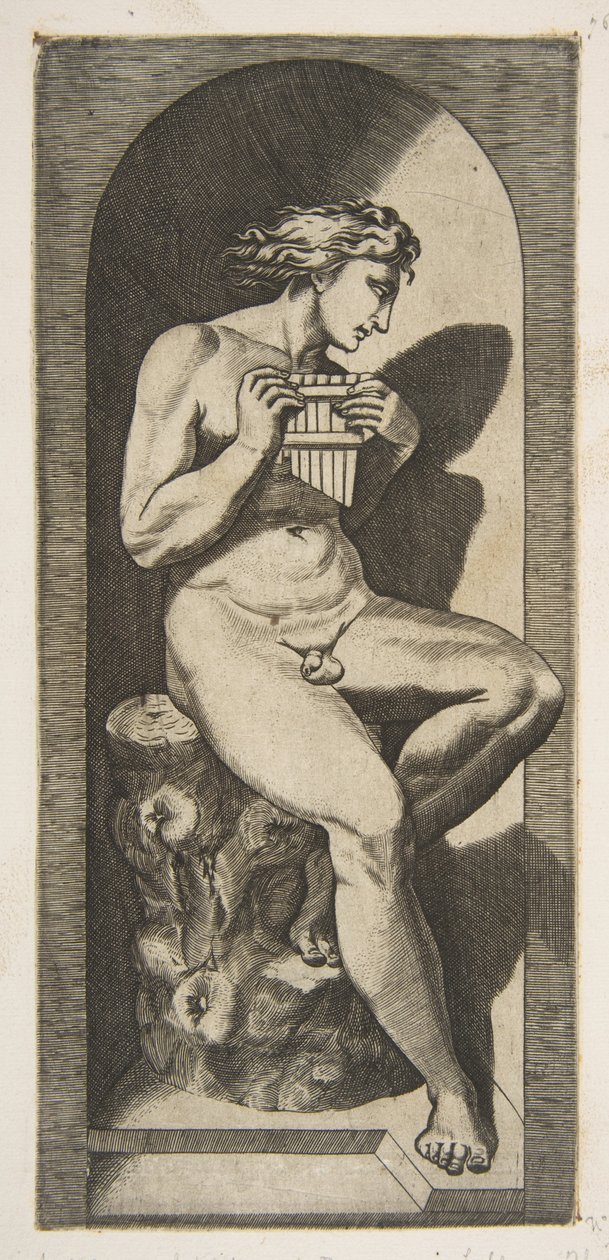 Olympus nagi, siedzący na pniu z rurami, osadzony w niszy, ok. godz. 1515-27. autorstwa Marco Dente