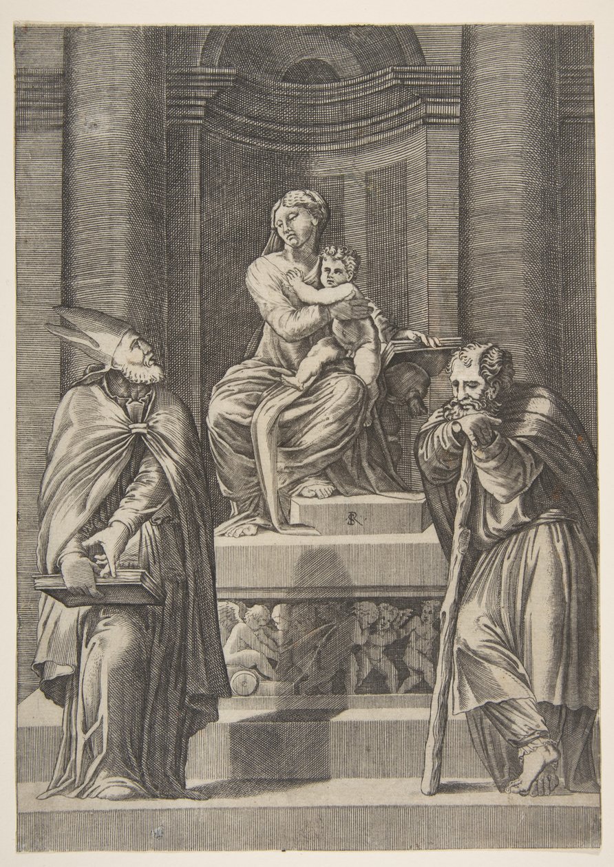 Św. Józef po lewej i biskup po prawej stojący przed ołtarzem Matki Boskiej..., ca. 1515-27. autorstwa Marco Dente