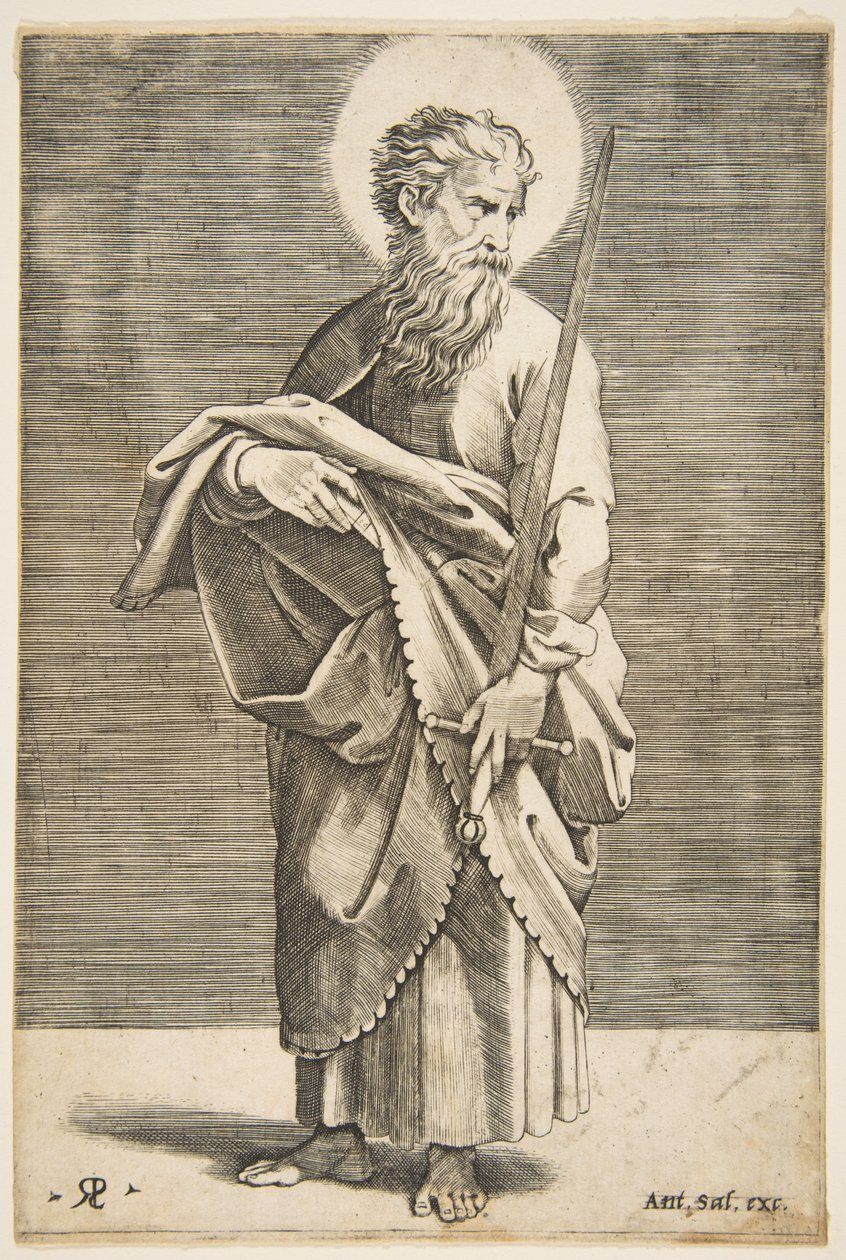Św. Paweł patrzący w prawo trzymający miecz i księgę, ca. 1515-27. autorstwa Marco Dente