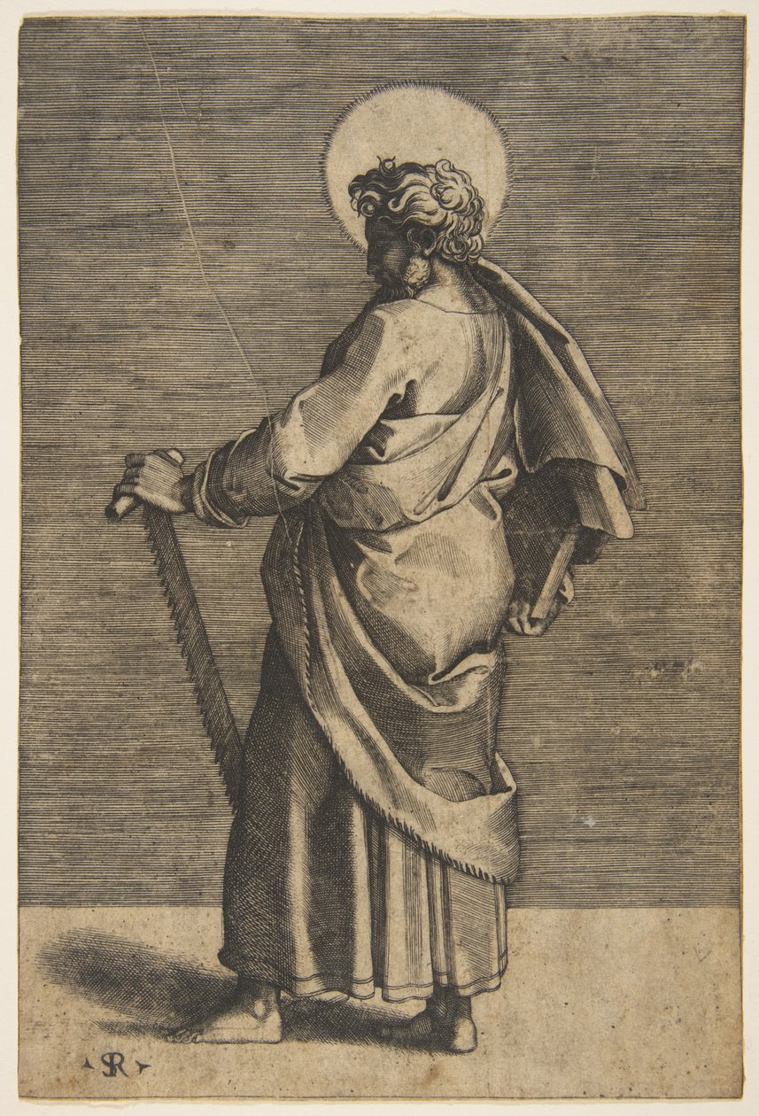Święty Szymon stojący zwrócony w lewo, trzymający piłę i książkę, ok. godz. 1515-27. autorstwa Marco Dente
