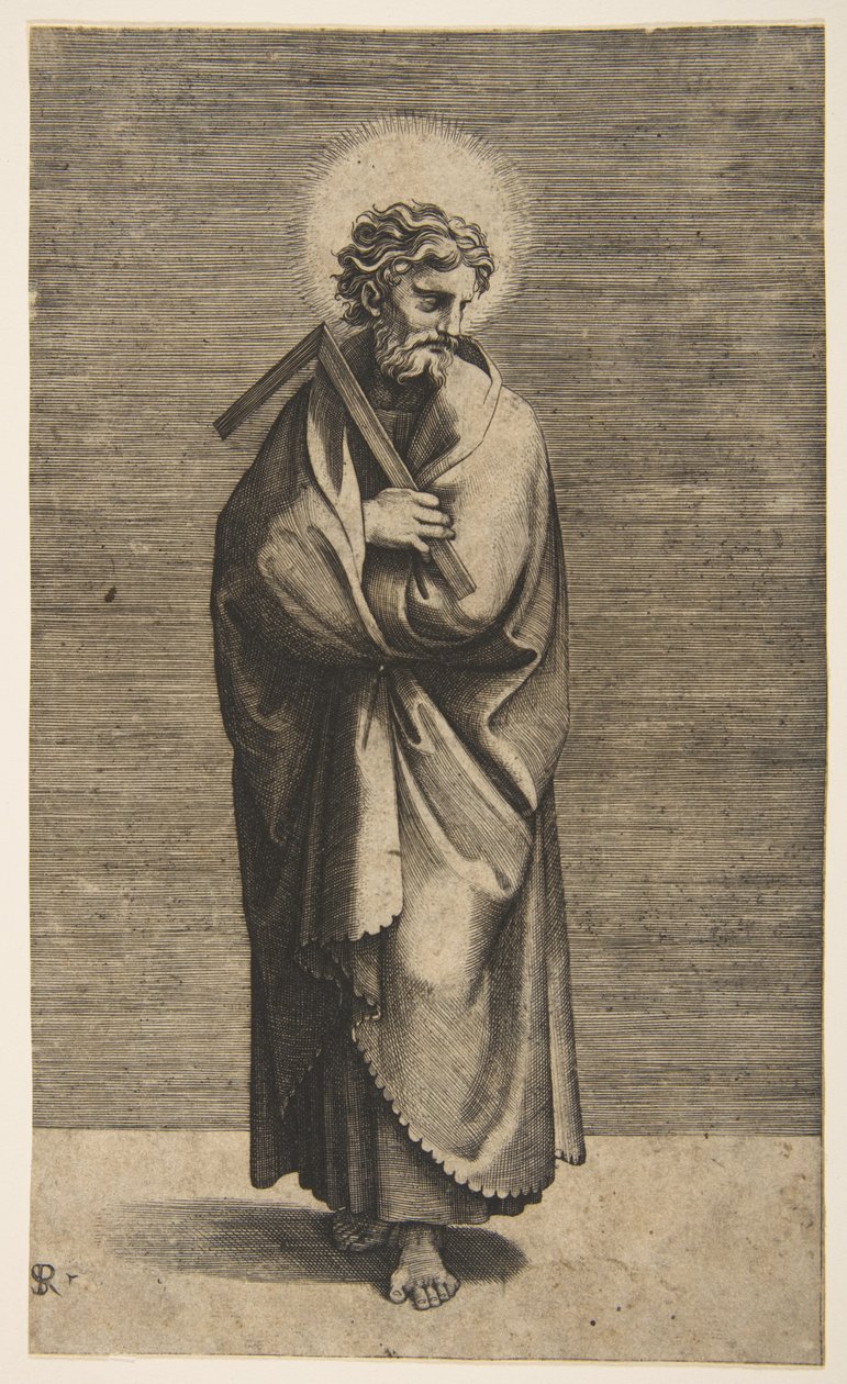 Św. Tomasz trzymający kwadratową regułę, z głową zwróconą w prawo, ca. 1515-27. autorstwa Marco Dente