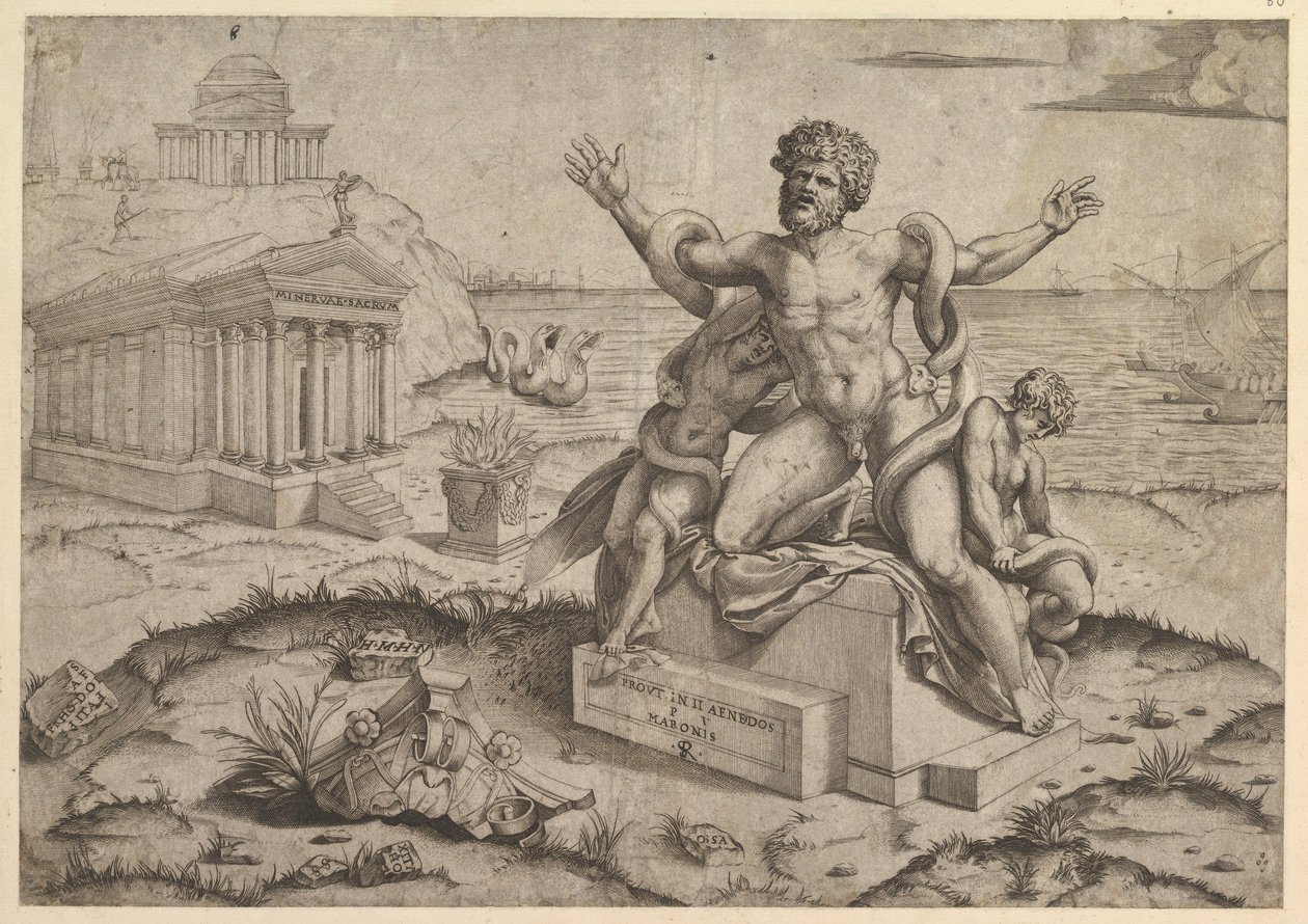Lustro rzymskiej świetności: Starożytne płaskorzeźby z Laokoonem, ca. 1516-20 . autorstwa Marco Dente