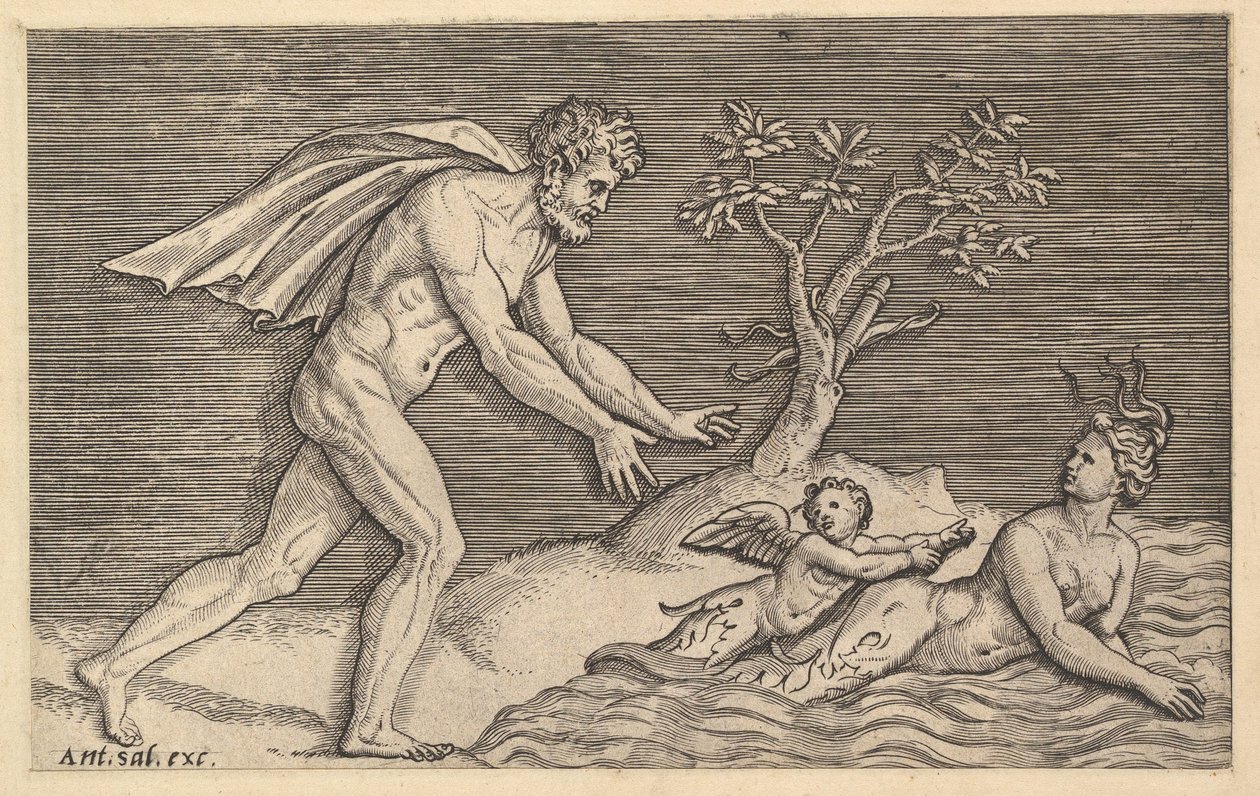 Zwierciadło rzymskiej wspaniałości: nagi mężczyzna w pogoni za najadą, ca. 1515-1527. autorstwa Marco Dente