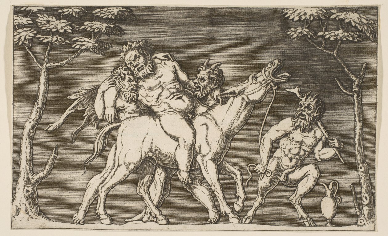 Dwóch satyrów sadzających Silenusa na ryczącym mule i trzeciego satyra po prawej stronie, ca. 1515-27. autorstwa Marco Dente